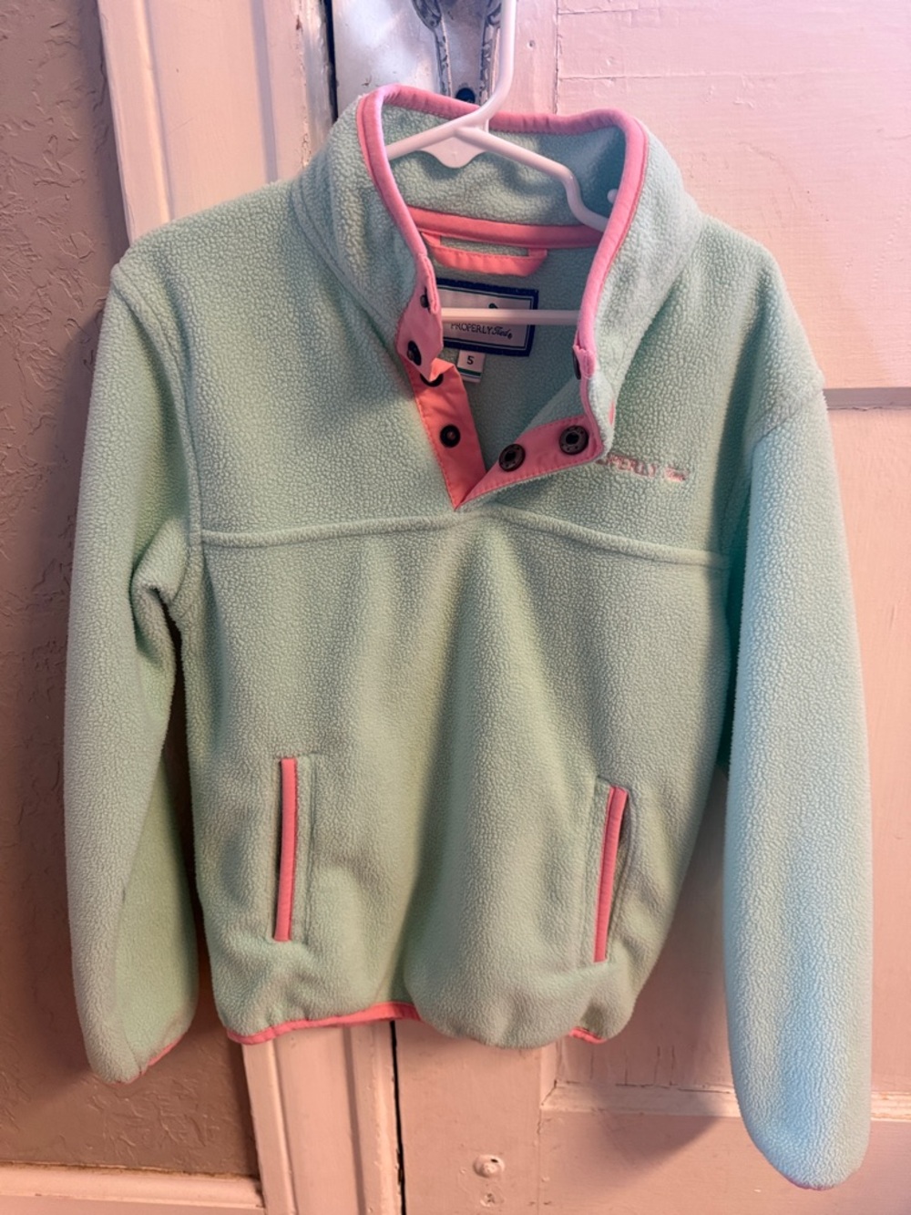 Mint Green Snap-Front Fleece Pullover with Pink Trim